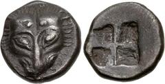 CIMMERIAN BOSPOROS, Pantikapaion. Circa 480-470 BC. AR Triobol (13mm, 2.81 g). Lion head seen from above / Quadripartite incuse square. Frolova, Frühe, Type I, 6-22 (unlisted dies); MacDonald 1/5; SNG