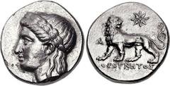 IONIA, Miletos. Circa 350-340 BC. AR Tetradrachm (23mm, 14.96 g, 11h). Theognetos, magistrate. Laureate head of Apollo left / Lion standing left, head right; civic monogram to left, star above, ΘEOΓNH