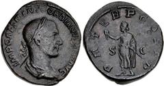 Gordian I. AD 238. Æ Sestertius (29mm, 15.75 g, 12h). Rome mint. Laureate, draped, and cuirassed bust right / Gordian standing left, holding branch and parazonium. RIC IV 7; BMCRE 4; Banti 1. Near VF,