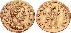 Tacitus. AD 275-276. AV Aureus (20mm, 4.38 g, 6h). Lugdunum (Lyon) mint. 1st emission, November-December AD 275. IMP C L TACITVS AVG, laureate, draped, and cuirassed bust right / ROMAE AE TERNAE, Roma