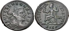Severus II. As Caesar, AD 305-306. Æ Follis (29mm, 9.94 g, 6h). Siscia mint, 3rd officina. Laureate head right / Roma seated left on round shield, holding Victory on globe and scepter; -/VI//SISΓ. RIC