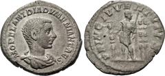 Roman Imperial Diadumenian. As Caesar, AD 217-218. AR Denarius (20mm, 3.04 g, 12h). Rome mint. 2nd emission of Macrinus, AD 217-218. Bareheaded and draped bust right / Diadumenian standing slightly le