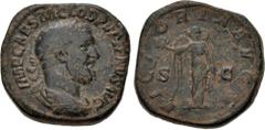 Roman Imperial Pupienus. AD 238. Æ Sestertius (30mm, 24.44 g, 12h). Rome mint. 1st emission. Laureate, draped, and cuirassed bust right / Victory standing left, holding wreath and palm frond. RIC IV 2