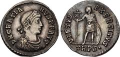 Roman Imperial Gratian. AD 367-383. AR Miliarense (23mm, 4.35 g, 12h). Treveri (Trier) mint. Struck AD 367-375. D N GRATIA NVS P F AVG, pearl-diademed, draped, and cuirassed bust right / VIRTVS EXERCI