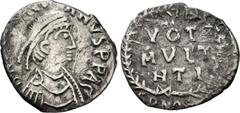 The Gasvoda Collection of Byzantine Coinage Justinian I. 527-565. AR Half Siliqua (14.5mm, 1.21 g, 12h). Heavy issue. Carthage mint. Struck 533/4-537. Diademed, draped, and cuirassed bust right / VOT/