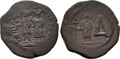 The Gasvoda Collection of Byzantine Coinage Maurice Tiberius, with Constantina and Theodosius. 582-602. Æ 4 Pentanummia – Half Follis (23.5mm, 5.10 g, 7h). Cherson mint. Maurice, holding globus crucig