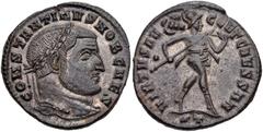 Constantine I. As Caesar, AD 306-309. Æ Follis (26mm, 9.53 g, 11h). Ticinum mint, 2nd officina. Struck AD 306. Laureate head right / Mars advancing right, holding spear and trophy over shoulder; ·/-//