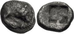 Greek LUCANIA, Velia. Circa 535-510 BC. AR Obol (7mm, 0.49 g). Forepart of lion right, devouring prey / Quadripartite incuse square. Cf. Williams 1–31 (drachms); HN Italy 1261; CNG 102, lot 67. Toned,