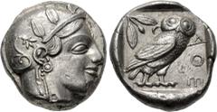 Greek ATTICA, Athens. Circa 454-404 BC. AR Tetradrachm (23mm, 17.16 g, 1h). Helmeted head of Athena right, with frontal eye / Owl standing right, head facing, closed tail feathers; olive spray and cre