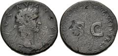 Roman Imperial Divus Augustus. Died AD 14. Æ Sestertius (33.5mm, 24.52 g, 6h). Restitution issue. Rome mint. Struck under Nerva, AD 98. Laureate head of Divus Augustus right / Legend around large S • 