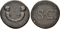 Roman Imperial Tiberius & Germanicus Gemellus. AD 19-37/8 and 19-23/4, respectively. Æ Sestertius (35mm, 26.88 g, 12h). Rome mint. Struck under Tiberius, AD 22-23. Crossed cornucopia, each surmounted 
