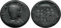 Roman Imperial Julia Domna. Augusta, AD 193-217. Æ As (24mm, 11h). Rome mint. Struck under Caracalla, circa AD 214. Draped bust right, wearing stephane / Four Vestal Virgins sacrificing over altar in 