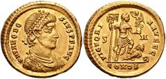 Theodosius I. AD 379-395. AV Solidus (20mm, 4.43 g, 6h). Uncertain military mint. Struck circa AD 393-395. Pearl-diademed, draped, and cuirassed bust right / Theodosius standing right, left foot on bo