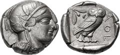 Greek ATTICA, Athens. Circa 454-404 BC. AR Tetradrachm (24.5mm, 17.15 g, 7h). Helmeted head of Athena right, with frontal eye / Owl standing right, head facing, closed tail feathers; olive spray and c