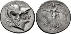 Greek PAMPHYLIA, Side. Circa 205-100 BC. AR Tetradrachm (30mm, 16.79 g, 12h). Ak–, magistrate. Helmeted head of Athena right; c/m: ΣAP and bow-in-bowcase within incuse circle / Nike advancing left, ho