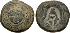 Greek CYPRUS, Salamis. Nikokreon. Circa 331-310 BC. Æ Half Unit (16.5mm, 4.00 g, 11h). In the types of Alexander III of Macedon. Struck circa 323-317 BC. Macedonian shield decorated with gorngoneion o