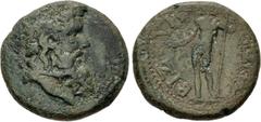 Roman Provincial THRACE, Bizya. Late 2nd Century AD. Æ (20mm, 6.49 g, 7h). Bearded head of Dionysus right, wreathed with grape vine / Zeus standing left, holding scepter and patera. Mionnet Supp. II 1