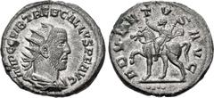 Roman Imperial Trebonianus Gallus. AD 251-253. AR Antoninianus (21.5mm, 4.65 g, 5h). Antioch mint, 4th officina. Struck late AD 252-mid 253. Radiate, draped, and cuirassed bust right; ••[••] below / A