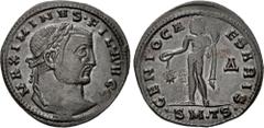Roman Imperial Maximinus II. As Filius Augustorum, AD 309-310. Æ Follis (26mm, 5.08 g, 6h). Thessalonica mint, 4th officina. Struck AD 308-310. Laureate head right / Genius standing left, wearing modi