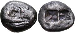 KINGS of LYDIA. Kroisos. Circa 560-546 BC. AR Stater – Double Siglos (19mm, 9.83 g). Sardes mint. Struck circa 550-546 BC. Confronted foreparts of lion, right, and bull, left / Two incuse square punch