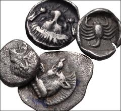 GREEK. Asia Minor. Lot of four (4) AR fractions. Includes: MYSIA, Kyzikos. Circa 525-475. AR Tetartemorion. Forepart of boar left; tunny behind / Head of roaring lion left; star above. SNG France 375 