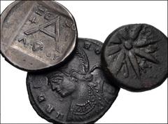 MIXED. Greek-Roman Imperial. Lot of three (3) miscellaneous AR & Æ. Includes: GREEK: Thrace, Pantikipaion. Æ 14mm. Star / Tripod. Anokin 214 // Argolis, Argos. AR Triobol. Xenophilos, magistrate. Fore