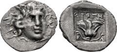 Greek ISLANDS off CARIA, Rhodos. Rhodes. Circa 125-88 BC. AR Hemidrachm (13mm, 1.05 g, 12h). 'Plinthophoric' coinage. Diognetos, magistrate. Radiate head of Helios facing slightly right / Rose with bu