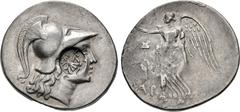 Greek PAMPHYLIA, Side. Circa 205-100 BC. AR Tetradrachm (31.5mm, 16.73 g, 12h). Ar–, magistrate. Helmeted head of Athena right; c/m: ΣAP and bow-in-bowcase within incuse circle / Nike advancing left, 