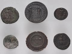 Large Lots ROMAN. Imperial. Lot of six (6) late bronze issues. Includes: Magnentius // Jovian // Gratian // Valentinian II // Eudoxia // other non-Roman issue with countermark. Near VF - VF. LOT SOLD 