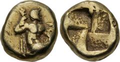 Greek MYSIA, Kyzikos. Circa 450-330 BC. EL Myshemihekte – Twenty-fourth Stater (6mm, 0.63 g). Zeus kneeling right, chiton draped from waist, holding scepter in right arm, left arm extended, above whic