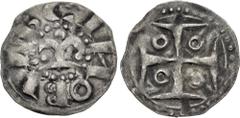 World SPAIN, Cataluña. Barcelona (county). Ramon Berenguer II el Cap d'Estopes (the Towhead). 1076-1082. AR Diner (17mm, 0.72 g). Barcelona mint. Lis / Cross pattée; annulets in quarters. Crusafont 18