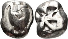 ISLANDS off ATTICA, Aegina. Circa 510-490 BC. AR Stater (16mm, 11.91 g). Sea turtle; c/m: turtle / “Union Jack” incuse pattern. Asyut Group IIIb, 466-77; Milbank -; SNG Copenhagen 502. Fine, large scu