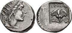 Greek ISLANDS off CARIA, Rhodos. Rhodes. Circa 88-84 BC. AR Drachm (15mm, 3.07 g, 12h). 'Plinthophoric' coinage. Euphanes, magistrate. Radiate head of Helios right / Rose with bud to left; EYΦANHΣ abo