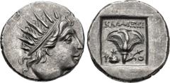 Greek ISLANDS off CARIA, Rhodos. Rhodes. Circa 88-84 BC. AR Drachm (16.5mm, 2.82 g, 11h). 'Plinthophoric' coinage. Kallixei[nos], magistrate. Radiate head of Helios right / Rose with bud to right; ΚΑΛ