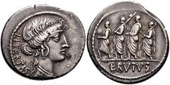 Q. Servilius Caepio (M. Junius) Brutus. 54 BC. AR Denarius (20mm, 3.90 g, 10h). Rome mint. Head of Libertas right / The consul L. Junius Brutus walking left between two lictors preceded by an accensus