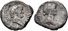Mark Antony and Cleopatra. Autumn 34 BC. AR Denarius (19mm, 3.43 g, 1h). Alexandria mint. Bare head of Mark Antony right; behind, three-pointed Armenian tiara right / Diademed and draped bust of Cleop