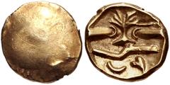 CELTIC, Northern Gaul. Uncertain tribe . Circa 58-50 BC. AV 1/4 Stater (10mm, 1.46 g). Plain bulge / Rooted tree (trophy?) flanked by bars; rosette and pellets-in-annulets above, three connected pelle