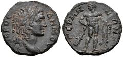LYDIA, Germe. Pseudo-autonomous issues. Mid-2nd century AD. Æ (18mm, 2.60 g, 6h). Laureate bust of Demos Germenon right / Herakles standing facing, head left, holding club resting on ground and lion s