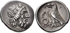 Greek ELIS, Olympia. 128th-132nd Olympiad. 268-252 BC. AR Stater (26mm, 11.81 g, 12h). Head of Zeus right, wearing laurel wreath; AP below neck truncation / Eagle standing left; F-A across upper field