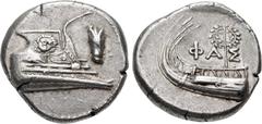 Greek LYCIA, Phaselis. 4th century BC. AR Stater (21.5mm, 10.38 g, 6h). Prow of galley right, fighting platform decorated with facing gorgoneion; to right, cicada downward / Stern of galley left, pole