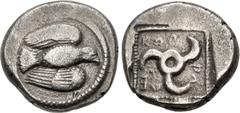 Greek DYNASTS of LYCIA. Kuprilli. Circa 480-440 BC. AR Third Stater (13mm, 2.55 g). Uncertain mint. Eagle flying right / Triskeles; KOΠ-PΛ-ΛE around; all in pelleted square within incuse square. Cf. M
