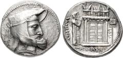 Oriental Greek KINGS of PERSIS. Ardaxšir (Artaxerxes) I. 3rd century BC. AR Tetradrachm (26mm, 17.02 g, 5h). Istakhr (Persepolis) mint. Head right, with mustache and earring, wearing kyrbasia / Fire t