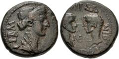 Roman Provincial CORINTHIA, Corinth. Agrippina Senior, with Nero and Drusus Caesar. Wife of Germanicus, AD 5-33. Æ (19mm, 8.42 g, 6h). P. Vipsanius Agrippa and M. Bellius Proculus, duovirs. Struck und