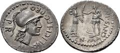 Roman Republican The Pompeians. Cnaeus Pompey Jr. Summer 46-Spring 45 BC. AR Denarius (20.5mm, 3.65 g, 6h). Corduba mint; Marcus Poblicius, legatus pro praetore. Helmeted head of Roma right / Hispania