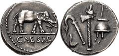 Roman Republican The Caesarians. Julius Caesar. April-August 49 BC. AR Denarius (16.5mm, 3.78 g, 3h). Military mint traveling with Caesar. Elephant advancing right, trampling on horned serpent / Emble