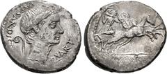 Roman Republican The Caesarians. Julius Caesar. January 44 BC. AR Denarius (18.5mm, 3.51 g, 12h). Lifetime issue. Rome mint; M. Mettius, moneyer. Laureate head right; lituus left behind neck, CAESAR •