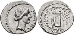 Roman Republican The Republicans. Brutus. Spring-early summer 42 BC. AR Denarius (19mm, 3.60 g, 5h). Military mint traveling with Brutus in Lycia. Head of Libertas right / Lyre; quiver to left, laurel