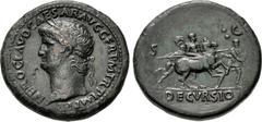 Roman Imperial Nero. AD 54-68. Æ Sestertius (34.5mm, 26.04 g, 6h). Rome mint. Struck circa AD 64. Laureate head left / Nero, in military dress, on horseback riding right, holding couched spear, soldie