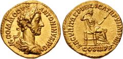 Roman Imperial Commodus. AD 177-192. AV Aureus (19.5mm, 7.09 g, 6h). Rome mint. Struck AD 181. M • COMMODVS ΛNTONINVS ΛVG, laureate, draped, and cuirassed bust right / SECVRITΛS PVBLICΛ TR P VI IMP II