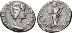 Roman Imperial Didia Clara. Augusta, AD 193. AR Denarius (18mm, 2.79 g, 12h). Rome mint. Struck under Didius Julianus. Draped bust right / Hilaritas standing left, holding long palm frond in right han
